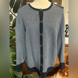 LL Bean womens cotton cashmere chevron navy blue cardigan sweater size large